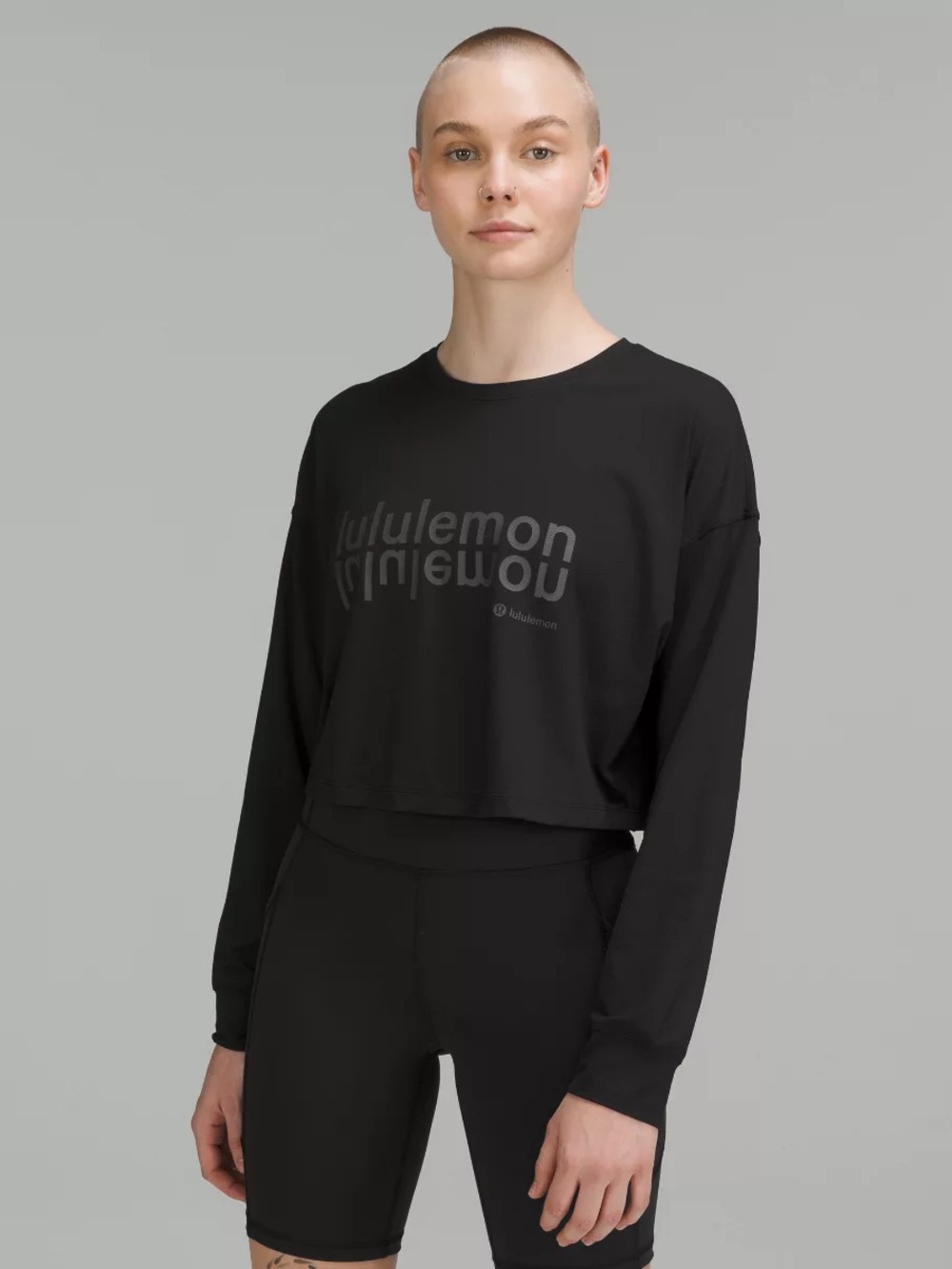 lululemon athletica Black Cropped Long-Sleeve Logo Shirt